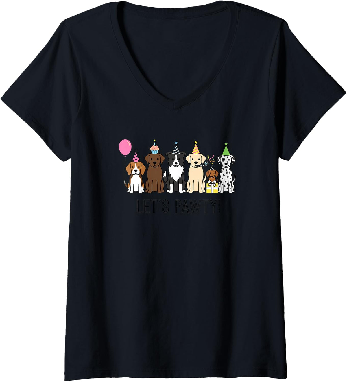 Women's Let's Pawty Cute Dogs Party Hats Canine Fun V-Neck T-Shirt - Black