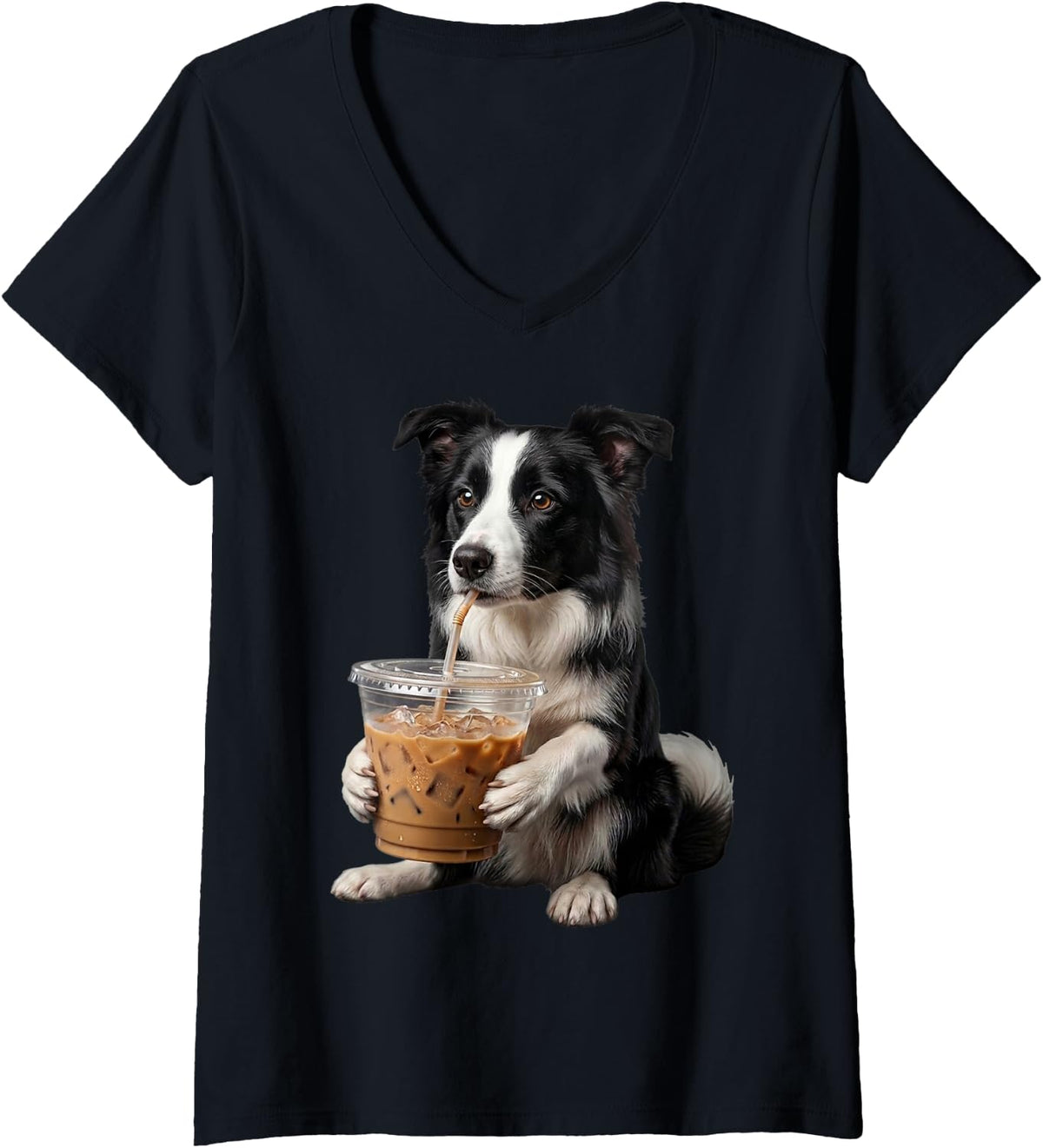 Women's Funny Cute Border Collie Drinking Iced Coffee Dog Design V-Neck T-Shirt - Black
