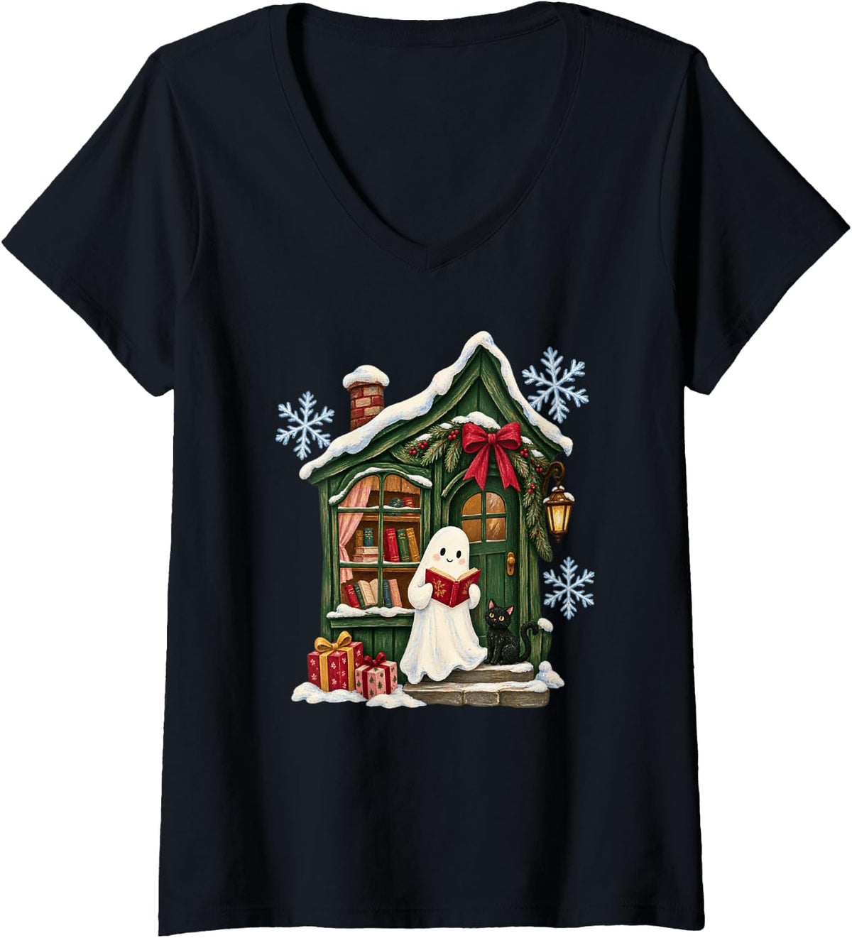 Women's Cute Ghost Reading Book Lover Fall Christmas V-Neck T-Shirt - Black