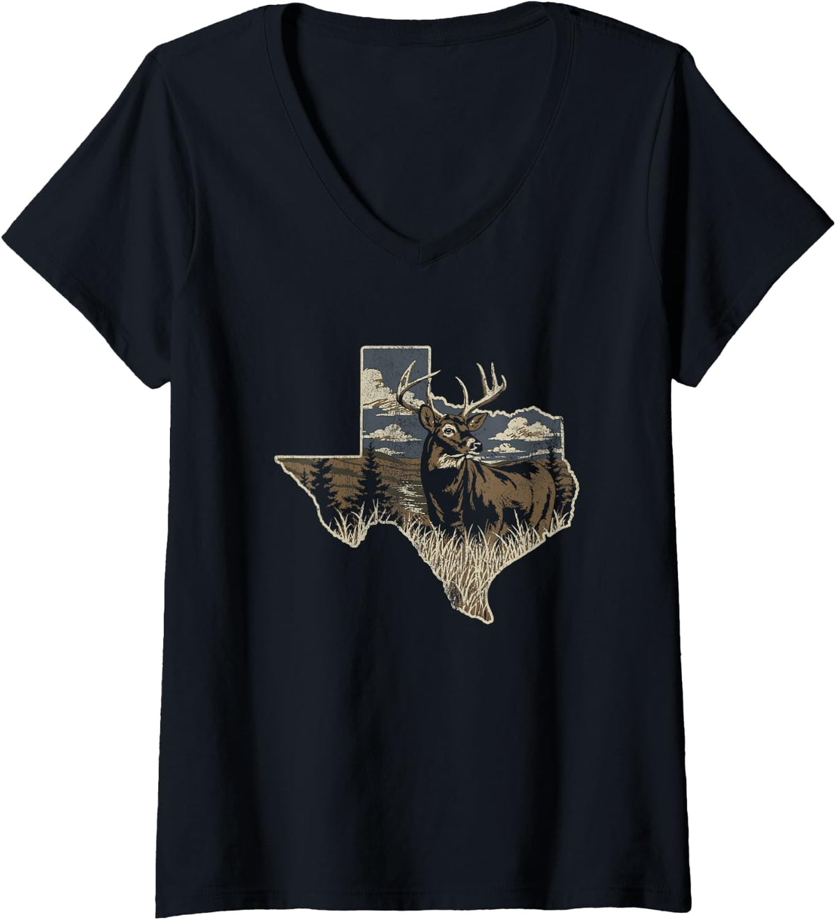 Women's Texas Deer Hunting Distressed V-Neck T-Shirt - Black