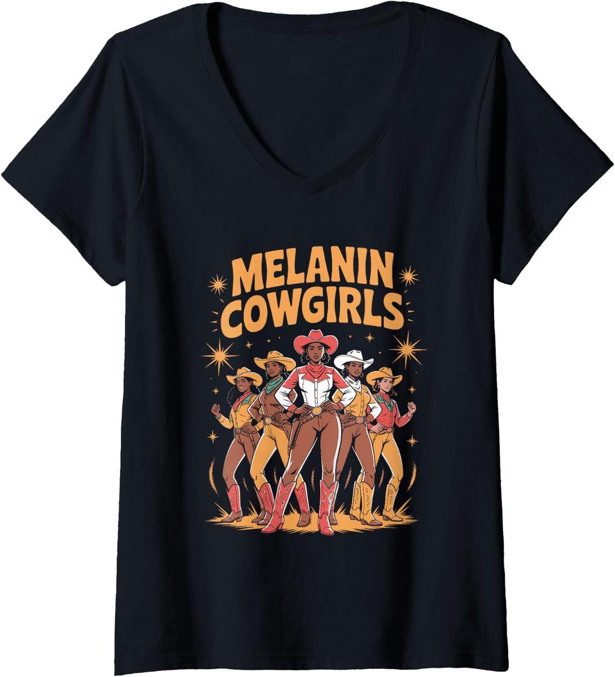 Women's Melanin Cowgirl Swag Retro Western Vibes V-Neck T-Shirt - Black