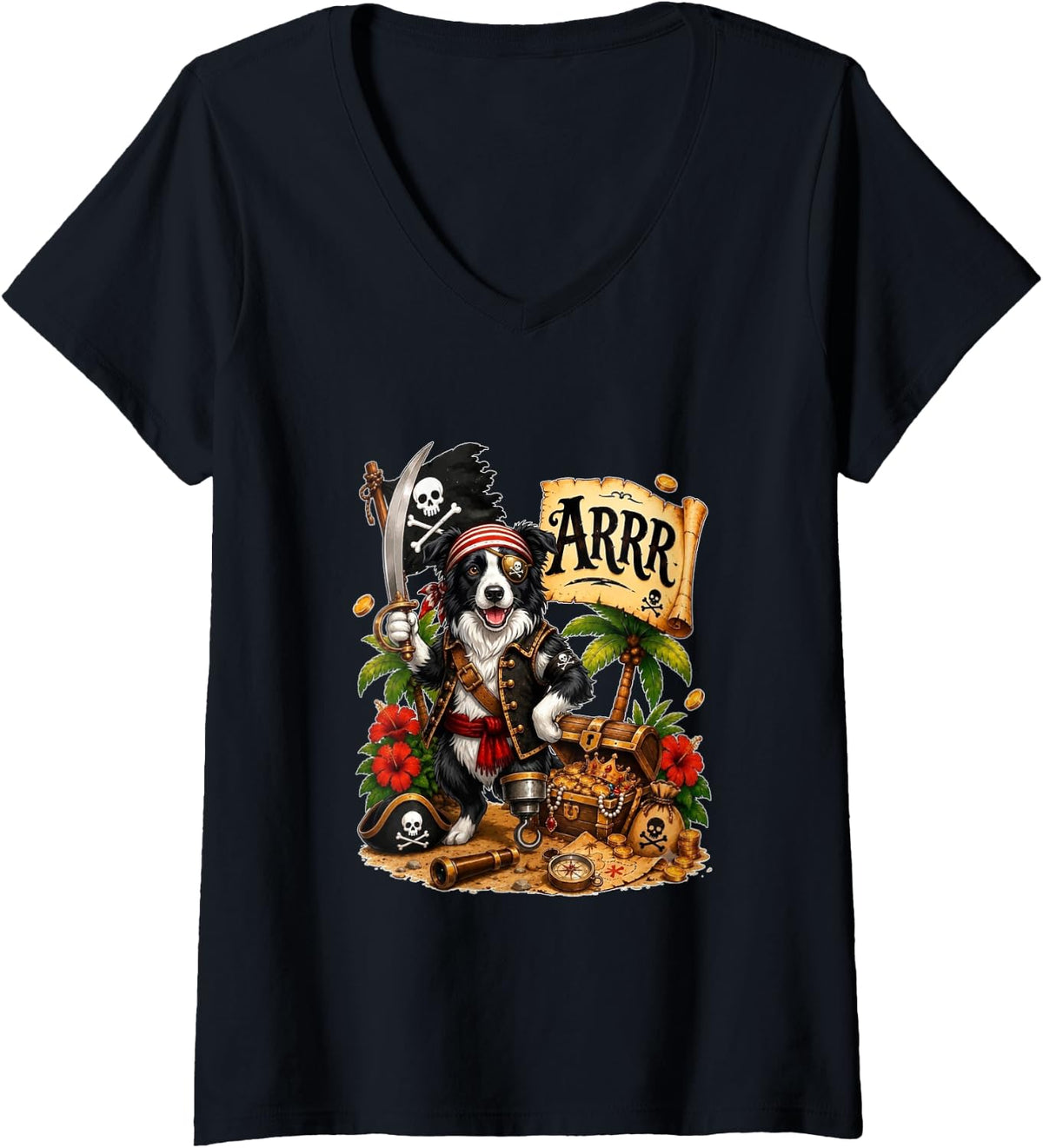 Women's Border Collie As Pirate Halloween Hawaiian Costume Owner V-Neck T-Shirt - Black