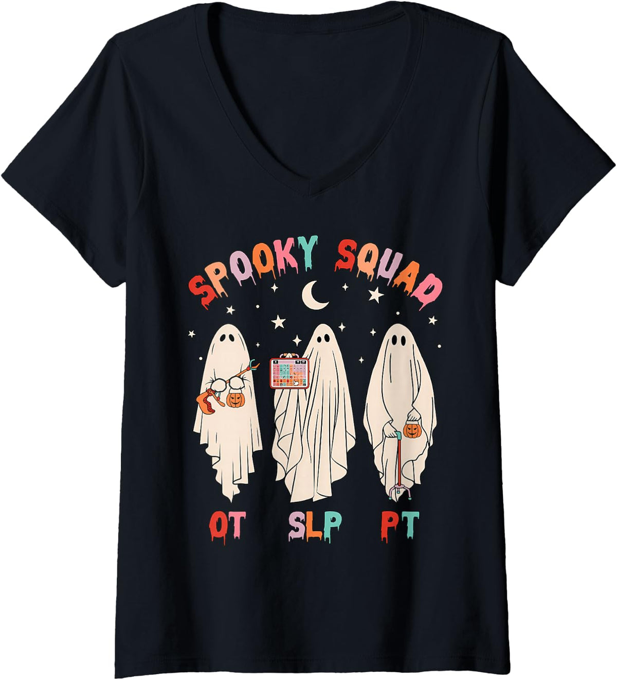 Women's Spooky Squad SLP OT PT Ghost Occupational Therapy V-Neck T-Shirt - Black