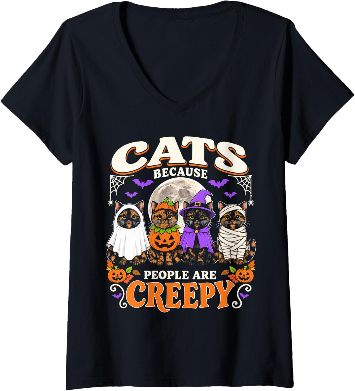 Women's Cats Because People are Creepy Halloween Tortoiseshell Cat V-Neck T-Shirt - Black