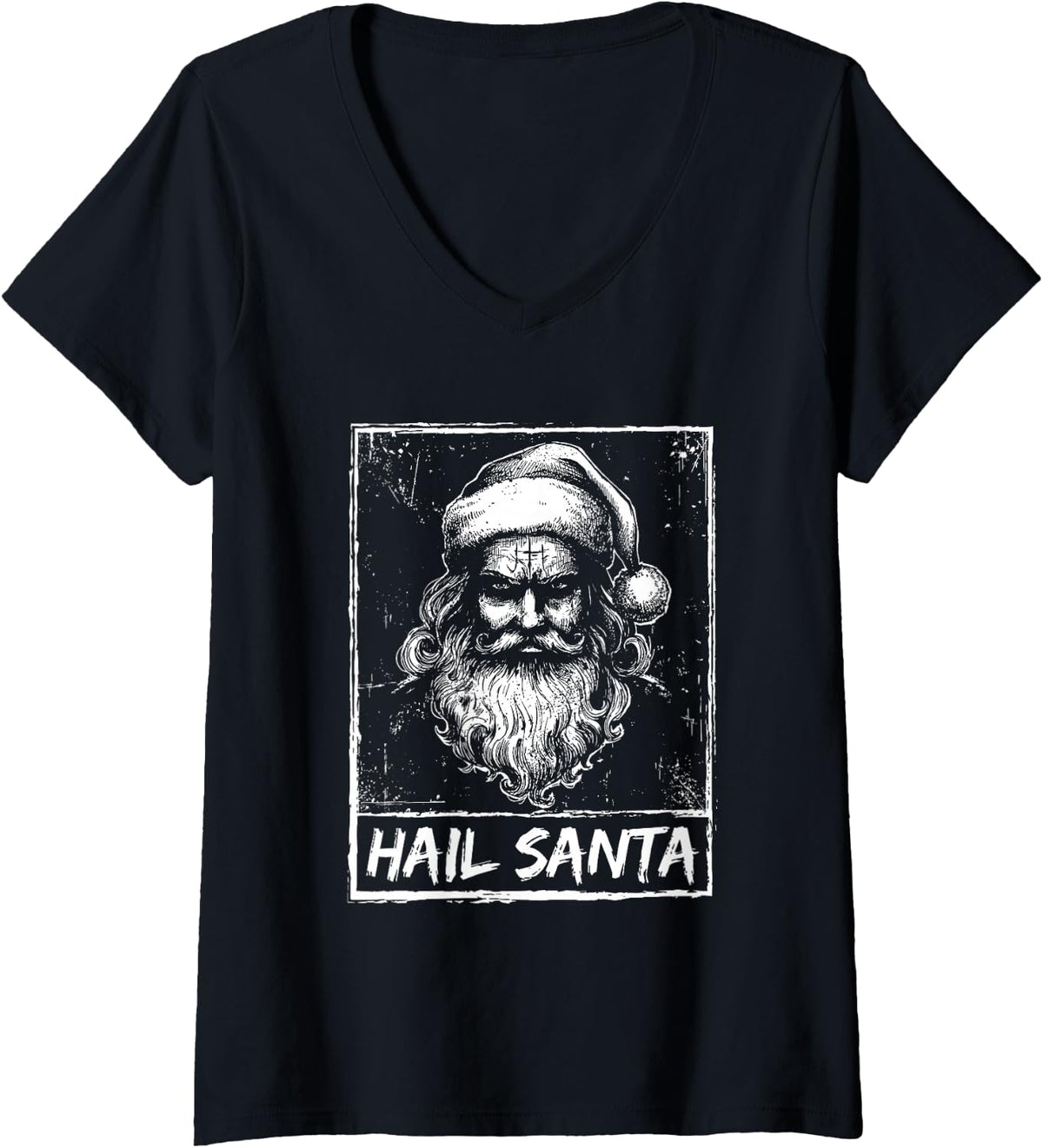Women's Hail Santa Winter Solstice Xmas Party Gothic Christmas V-Neck T-Shirt - Black