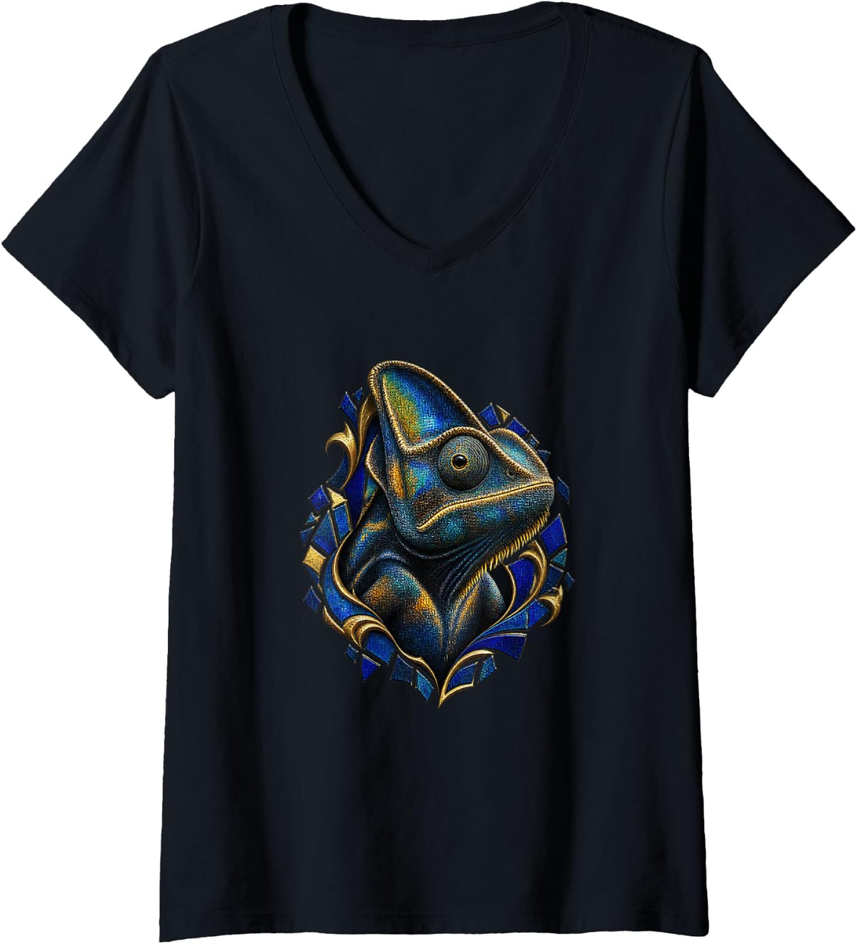 Women's Chameleon with Blue Mosaic Shards V-Neck T-Shirt - Black