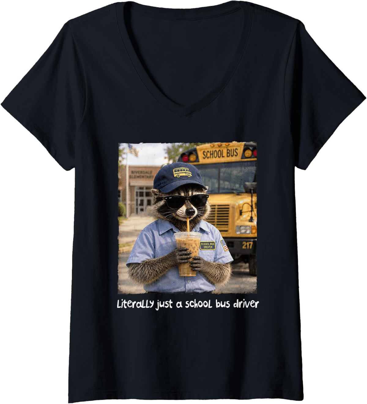 Women's Literally Just A School Bus Driver Raccoon Drinking Coffee V-Neck T-Shirt - Black