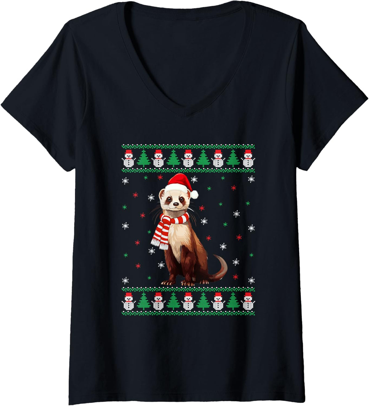 Women's Ferret Animal Matching Family Ugly Christmas Sweater V-Neck T-Shirt - Black