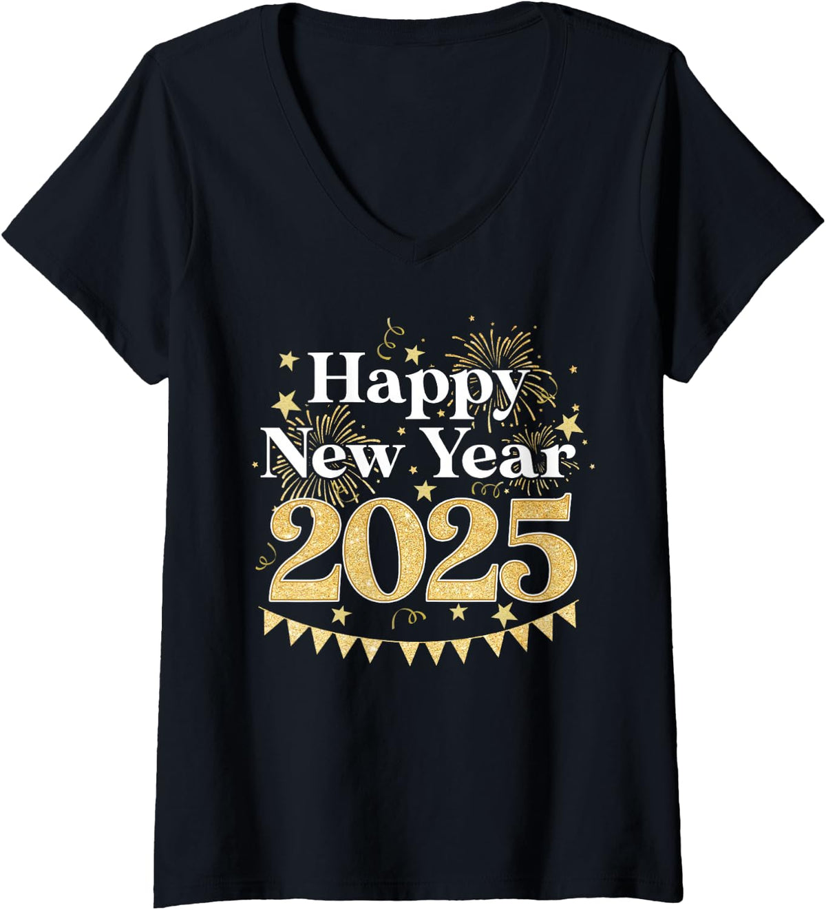 Women's Happy New Year Party Loading 2025 Family Matching Fireworks V-Neck T-Shirt - Black