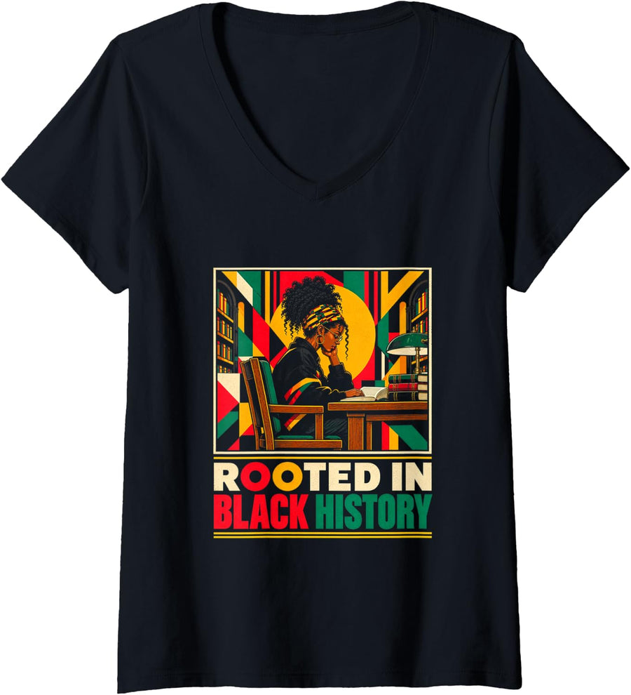 Women's Rooted in Black History - Black Girl Reading in Library V-Neck T-Shirt - Black