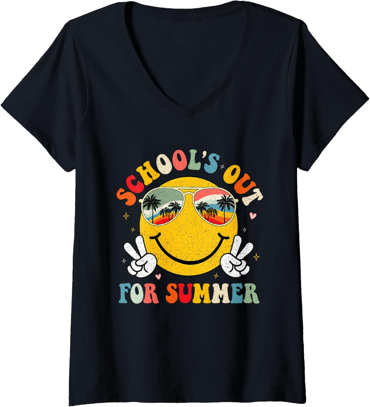 Women's Last Day Of School Retro Schools Out For Summer Teacher Tee V-Neck T-Shirt - Black