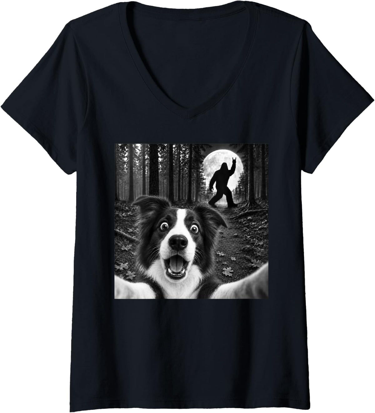 Women's Border Collie Selfie Bigfoot Rock and Roll Dog Sasquatch V-Neck T-Shirt - Black