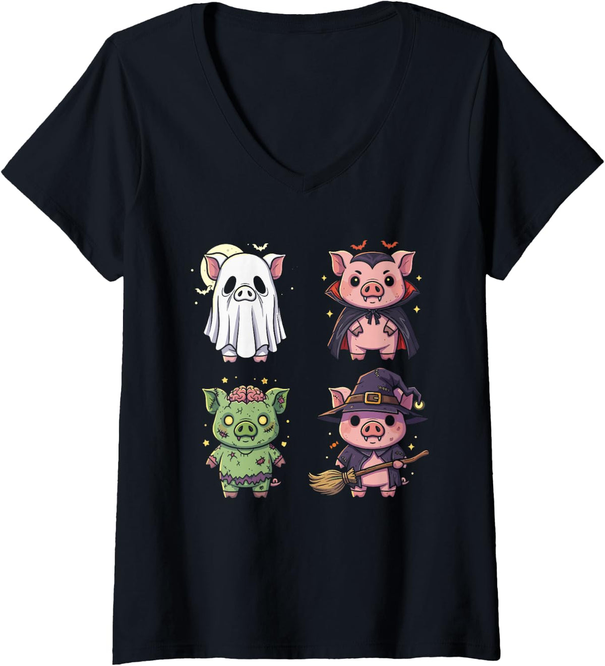 Women's Pig Spooky Witch Boo Zombie Cute Pig Halloween V-Neck T-Shirt - Black