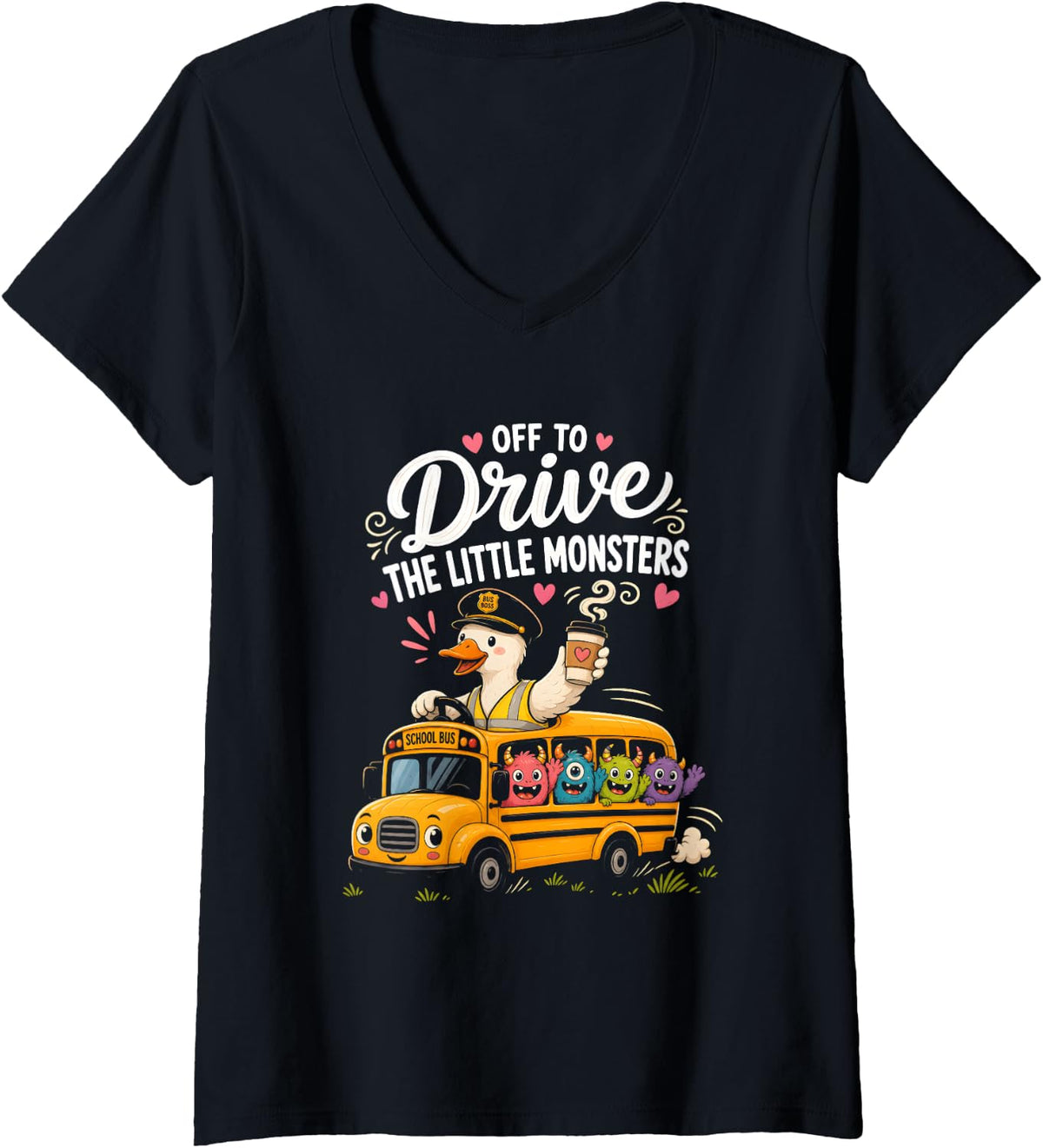 Women's School Bus Driver Little Monsters Classroom Route V-Neck T-Shirt - Black
