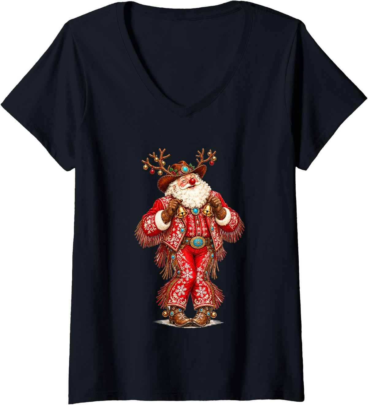Women's Funny Western Christmas Cowboy Santa with Jingle Bells Xmas V-Neck T-Shirt - Black