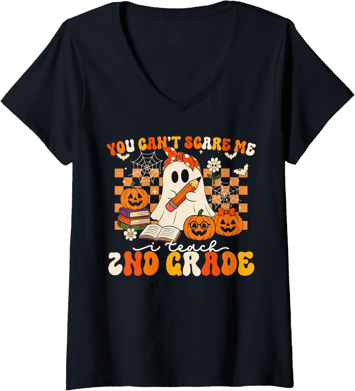 Women's You Can't Scare Me I Teach 2nd Grade Halloween Ghost Teacher V-Neck T-Shirt - Black