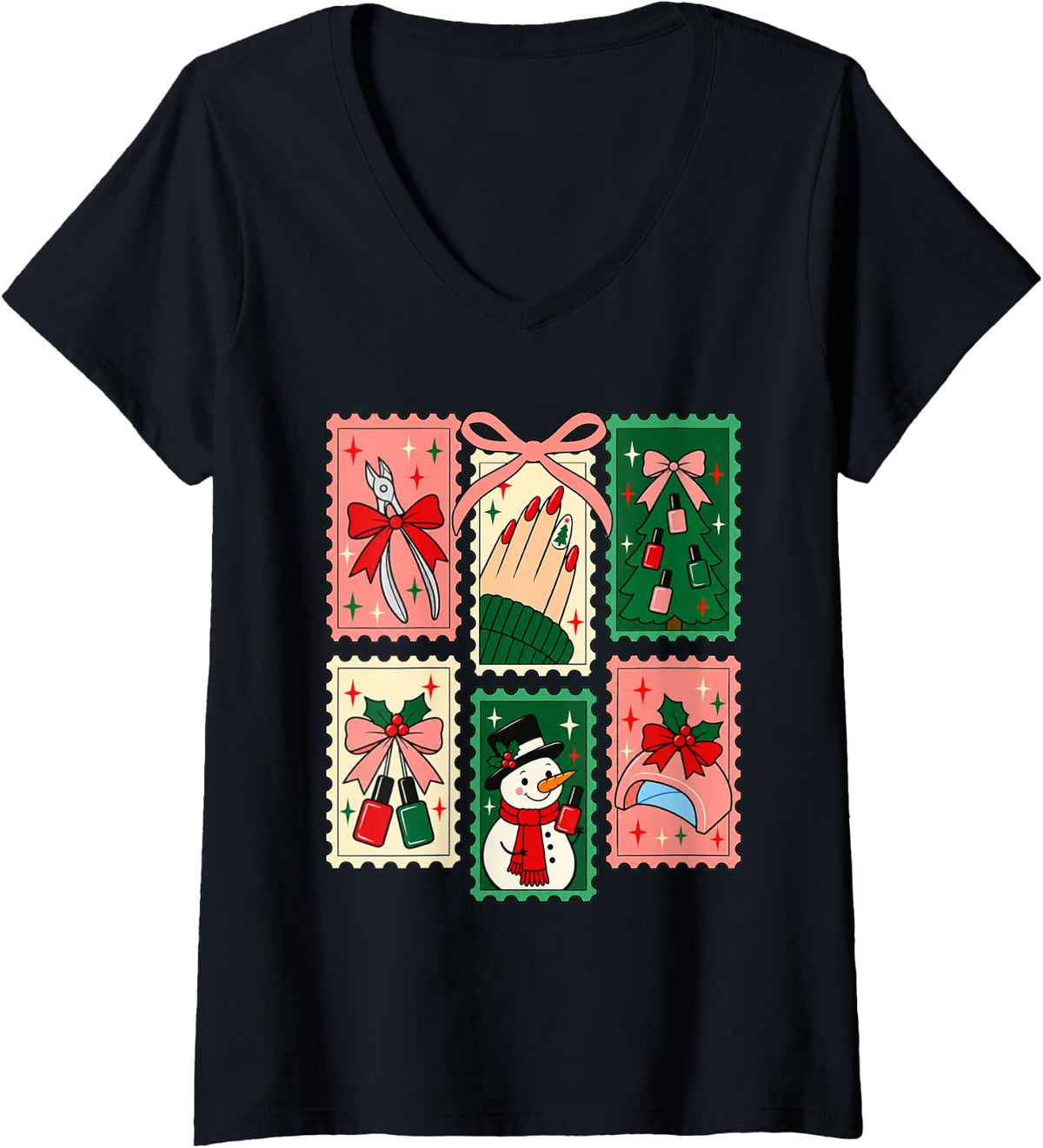 Women's Christmas Nail Tech Holiday Manicure Nail Polish Stamp V-Neck T-Shirt - Black