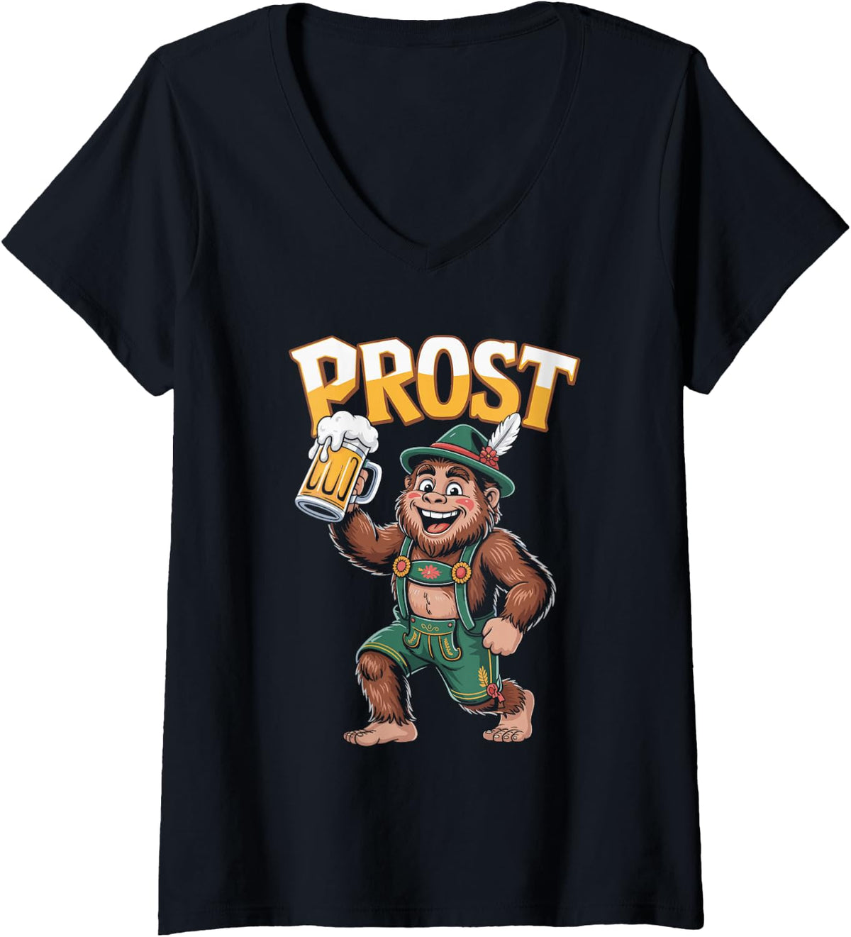 Women's Prost Bigfoot Oktoberfest Beer and Pretzel V-Neck T-Shirt - Black