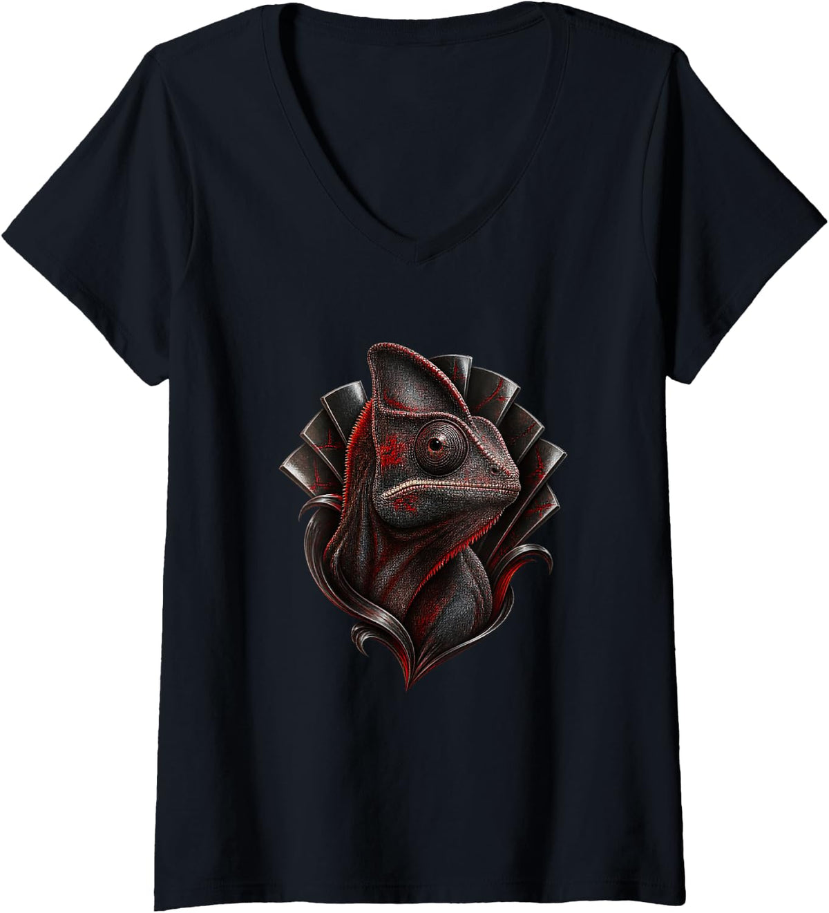 Women's Dark Chameleon with Crimson Fan Reptile Animal Art V-Neck T-Shirt - Black