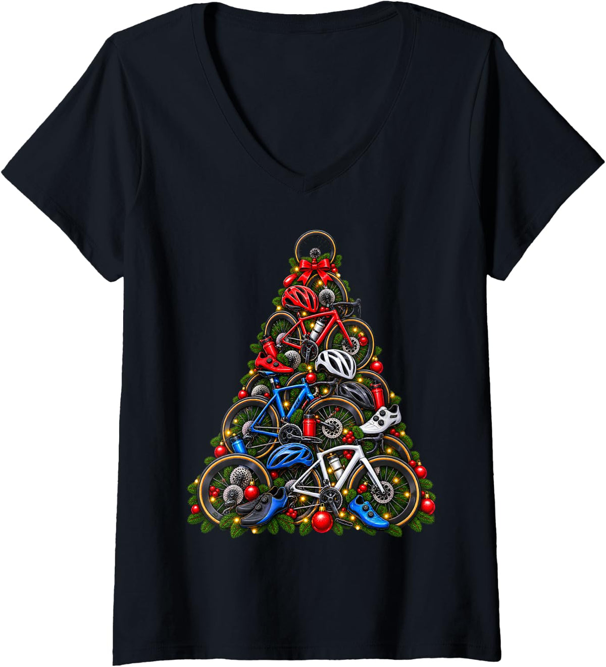 Women's Cycling Christmas Tree V-Neck T-Shirt - Black
