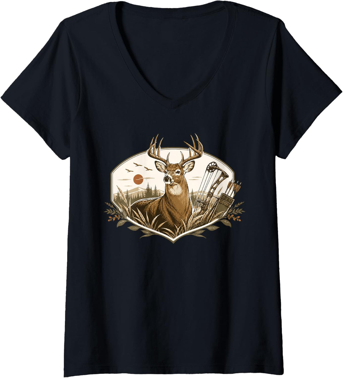 Women's Buck Deer Bow Hunting Forest Sunset Hunter V-Neck T-Shirt - Black
