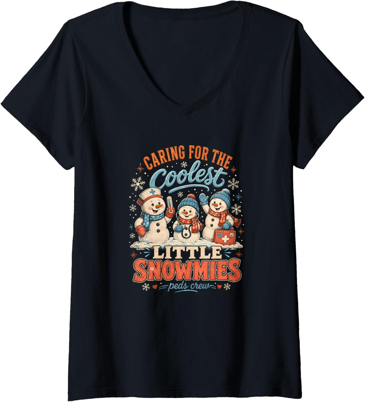 Women's Caring for The Coolest Little Snowmies Peds Nurse Xmas V-Neck T-Shirt - Black