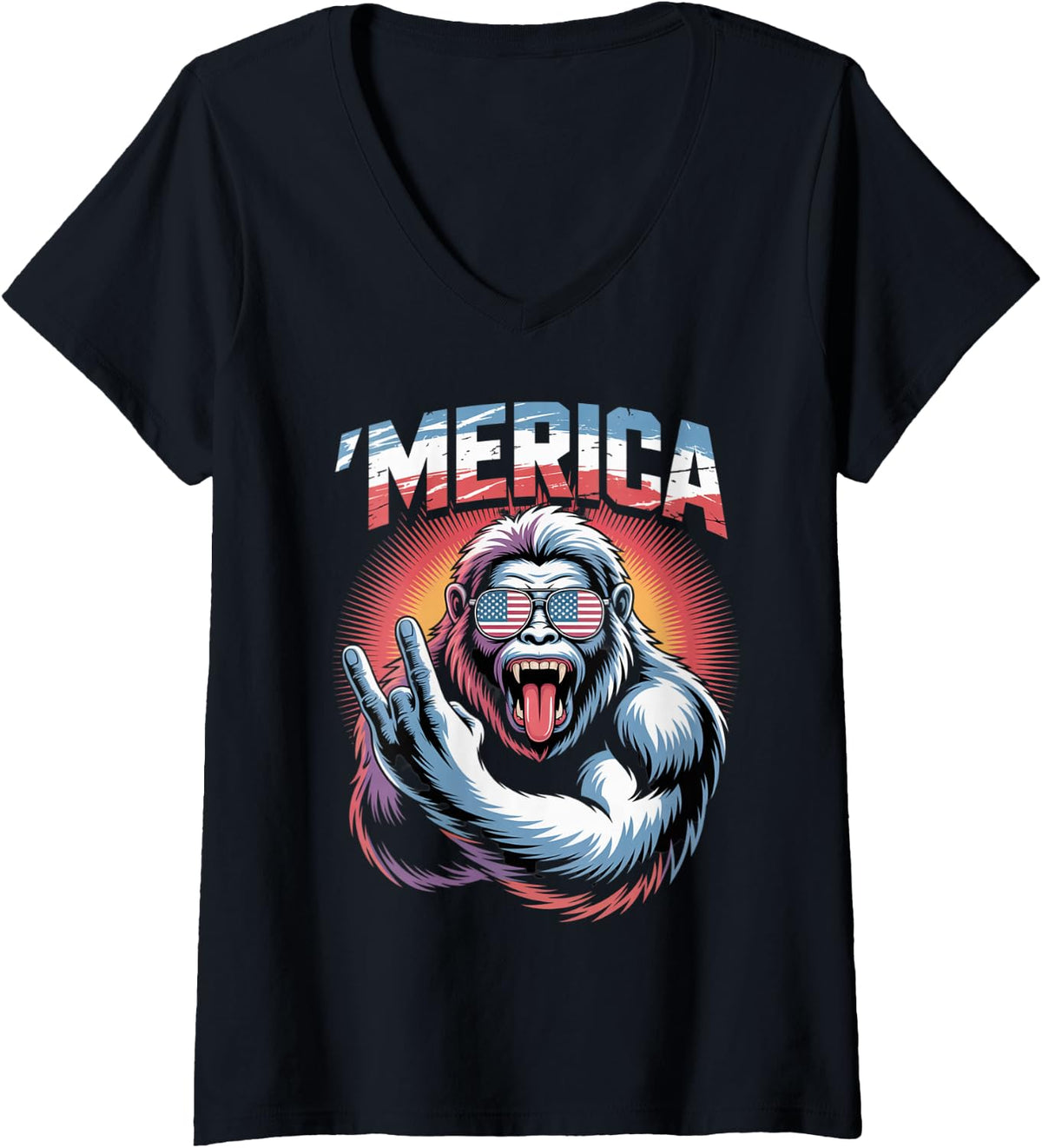 Women's Rock Bigfoot Merica American Flag Patriotic 4th of July V-Neck T-Shirt - Black