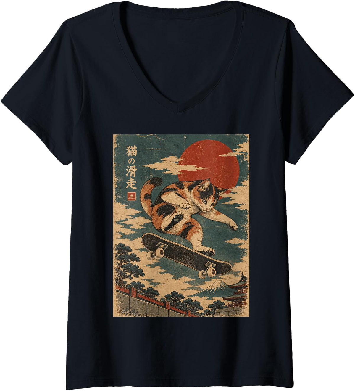 Women's Japanese Vintage Calico Cat Skateboarding Ukiyo-e Art V-Neck T-Shirt - Black