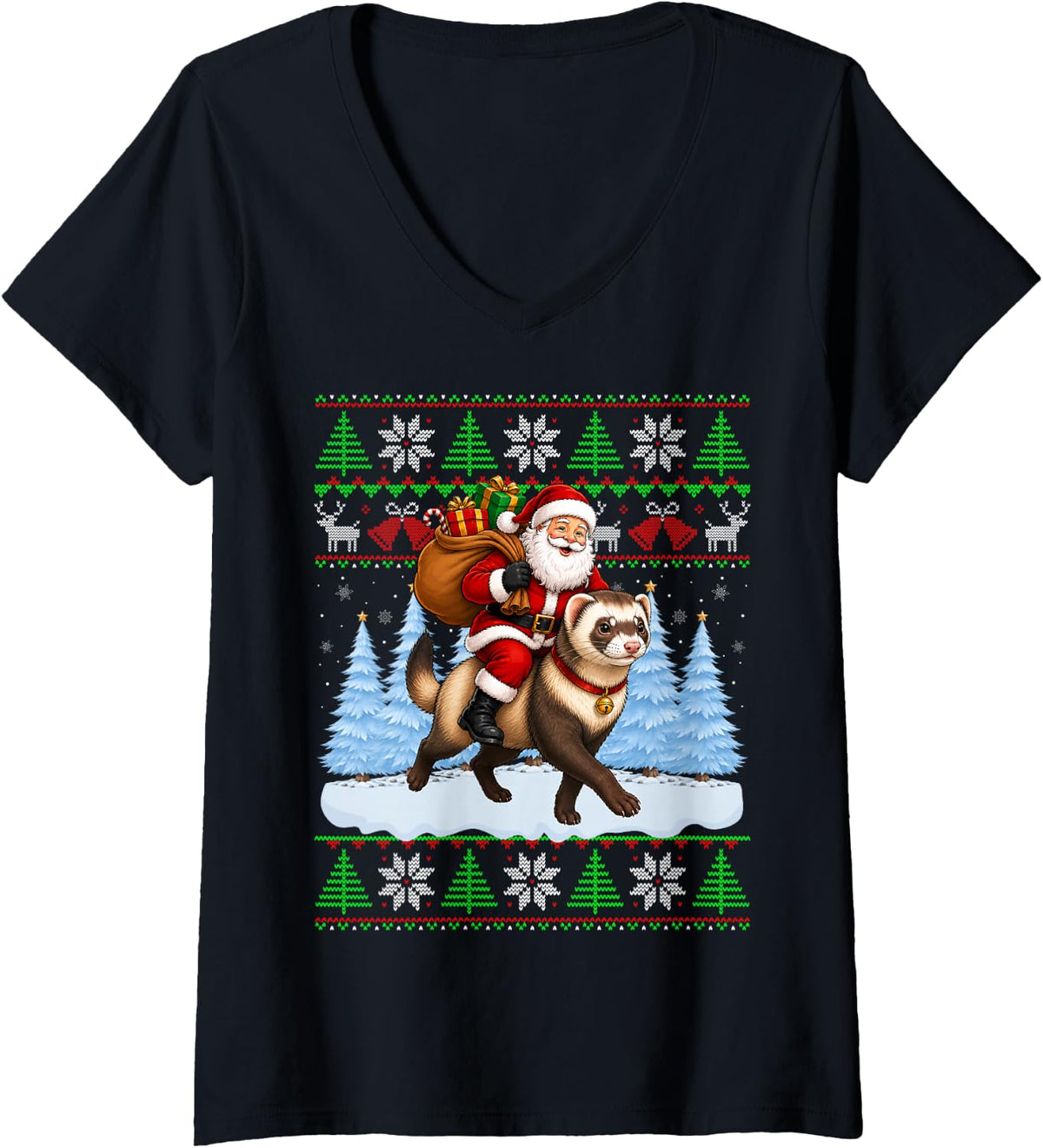 Women's Ugly Xmas Sweaters Funny Santa Riding Ferret Christmas V-Neck T-Shirt - Black