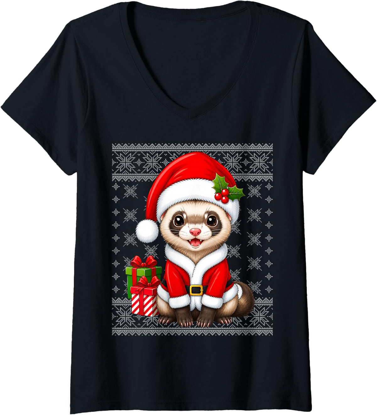 Women's Ferret in Christmas Santa Costume Ugly Sweaters Xmas V-Neck T-Shirt - Black