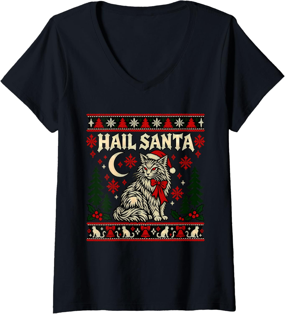 Women's Hail Santa Yule Cat Pagan Solstice Gothic Ugly Christmas V-Neck T-Shirt - Black