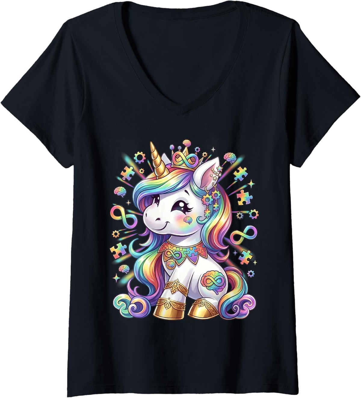 Women's Autism Awareness Toddler Girl Kids Cute Unicorn Puzzle Piece V-Neck T-Shirt - Black