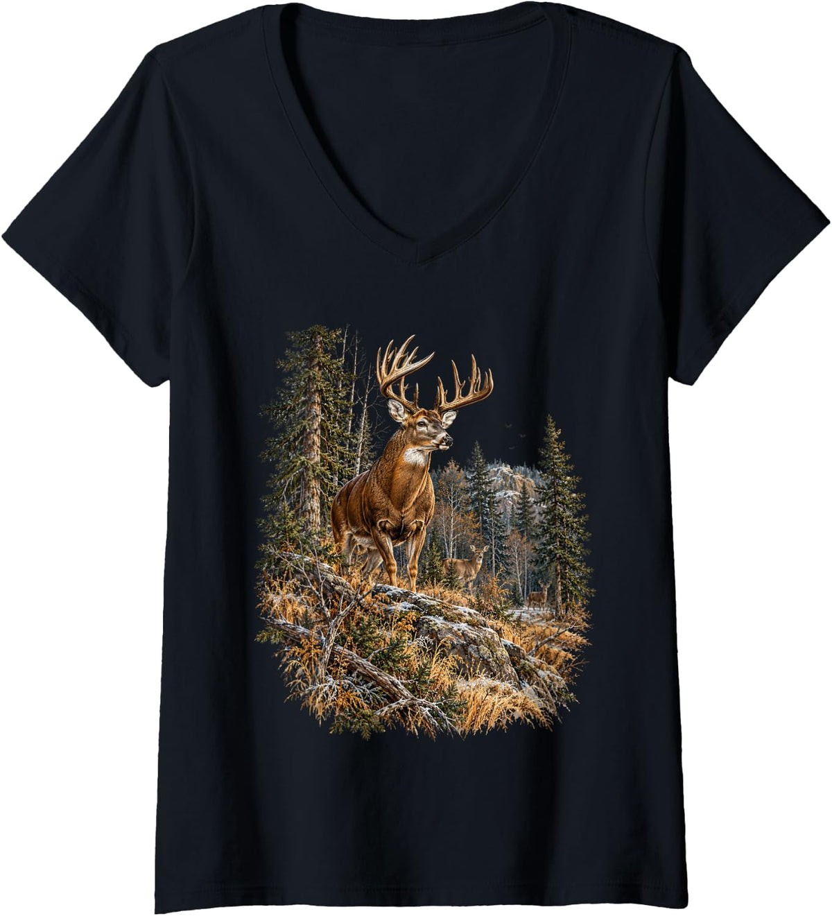 Women's Whitetail Buck Deer Hunting Lover Mountain Wilderness V-Neck T-Shirt - Black