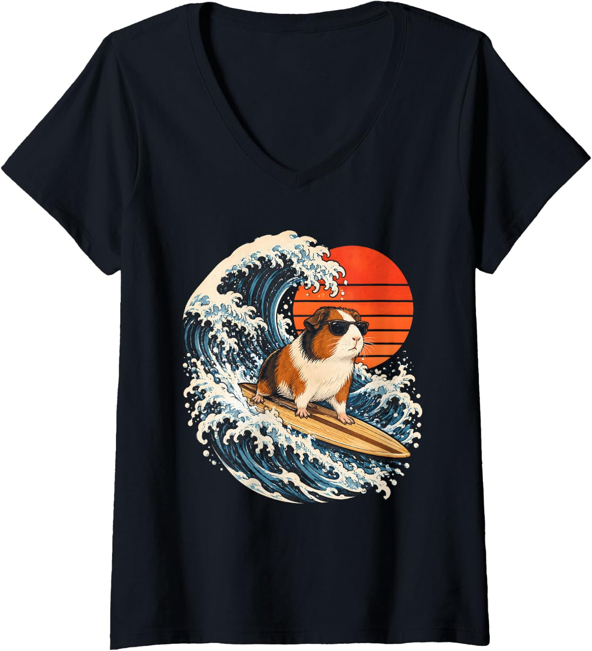 Women's Guinea Pig Surfing Japanese Wave Sunset Funny V-Neck T-Shirt - Black