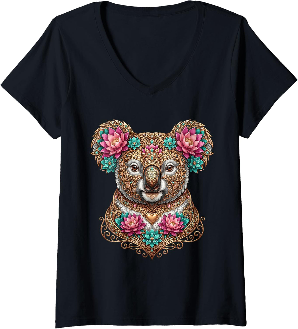 Women's Koala Lover Illustration Potrait Cute Koala Bear Animal V-Neck T-Shirt - Black
