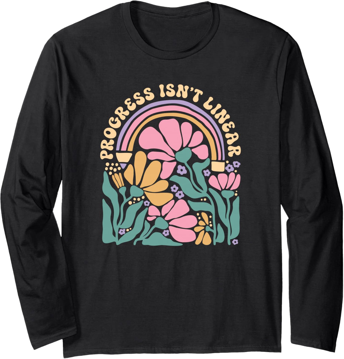 Progress Isn't Linear Retro Boho Flowers Long Sleeve T-Shirt - Adult Unisex Black