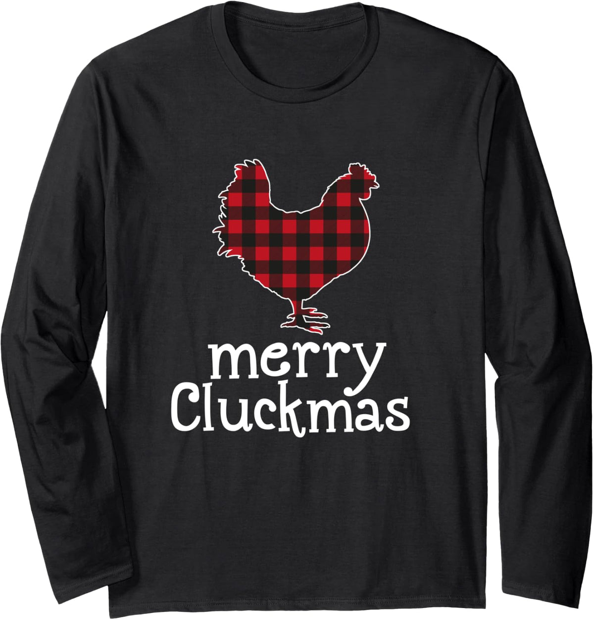Red Plaid Merry Cluckmas Christmas T Shirt Chicken Lovers Long Sleeve T-Shirt - Adult Unisex Black