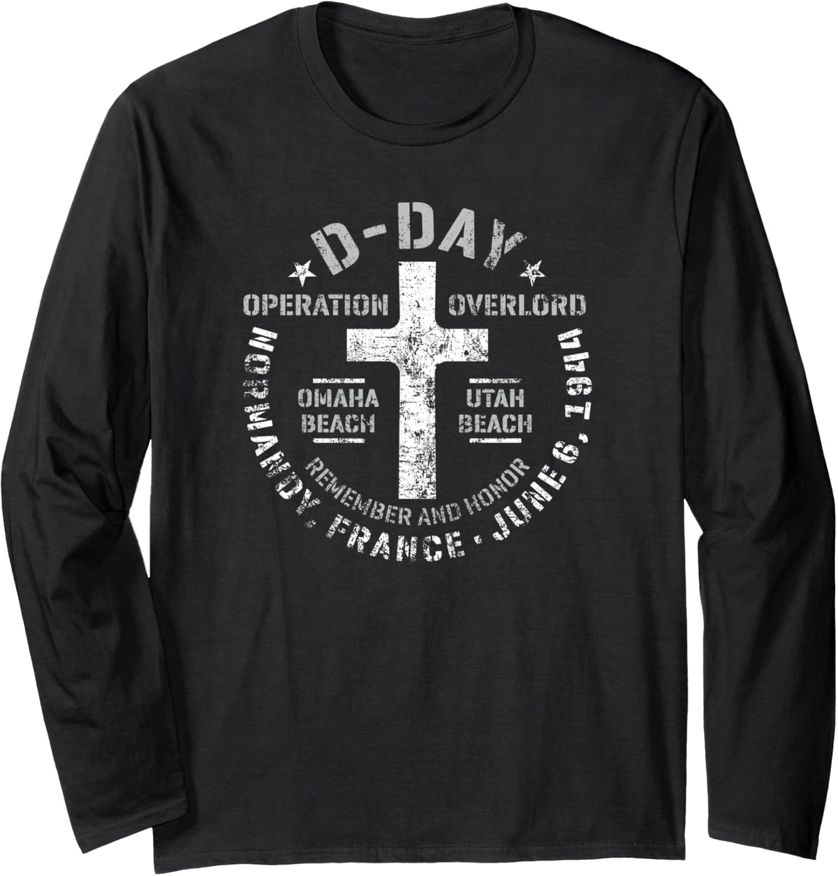 D-Day Normandy Cemetery Marker Omaha Utah Beaches Distressed Long Sleeve T-Shirt - Adult Unisex Black