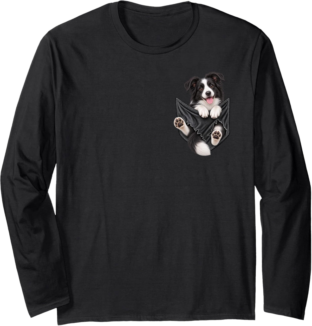 Cute Border Collie Dog Pocket Funny Dog Mom Dog Dad Long Sleeve T-Shirt - Adult Unisex Black