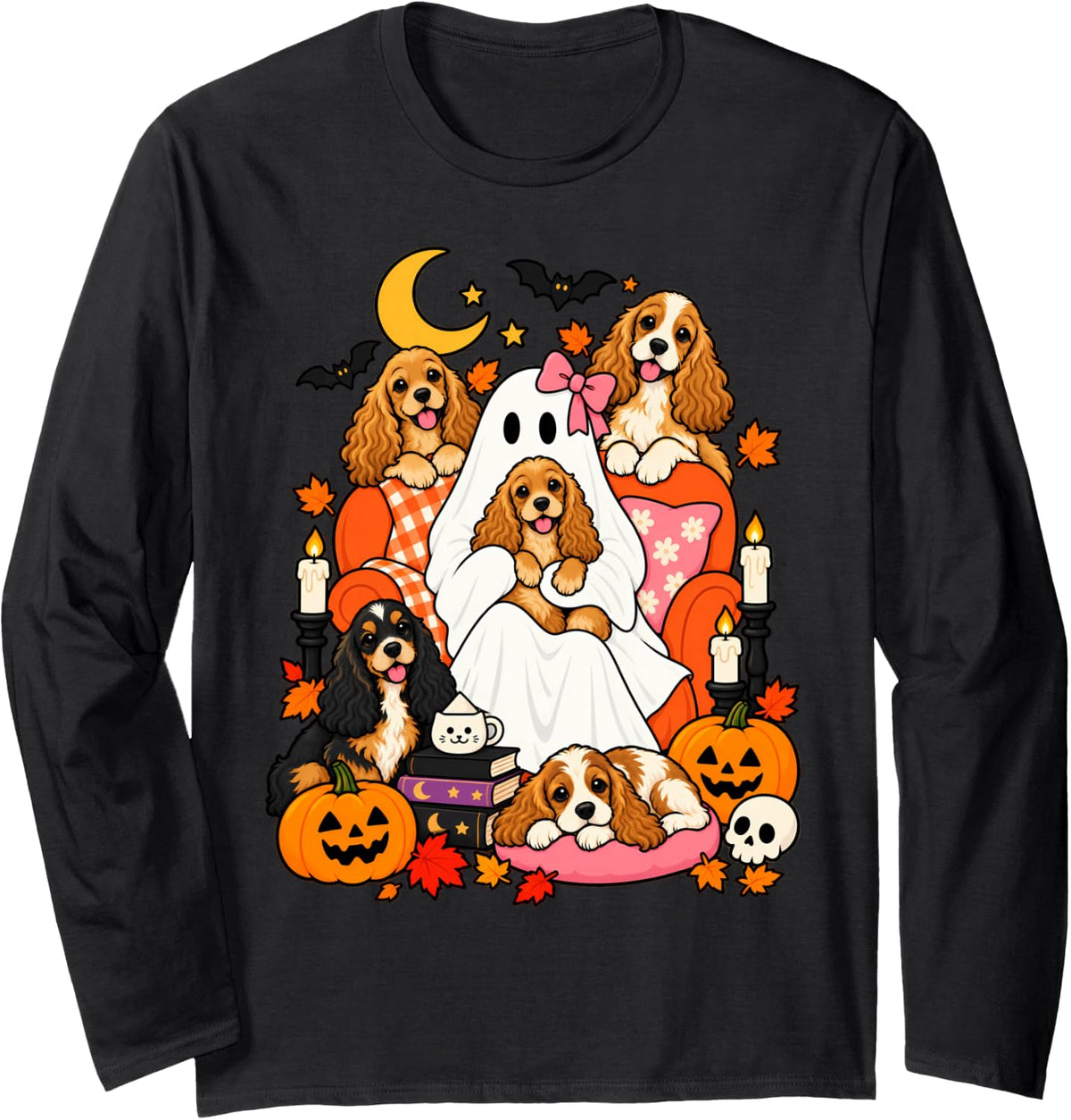 Halloween Dog Mom Ghost Cocker Spaniel Lovers Women Girls Long Sleeve T-Shirt - Adult Unisex Black