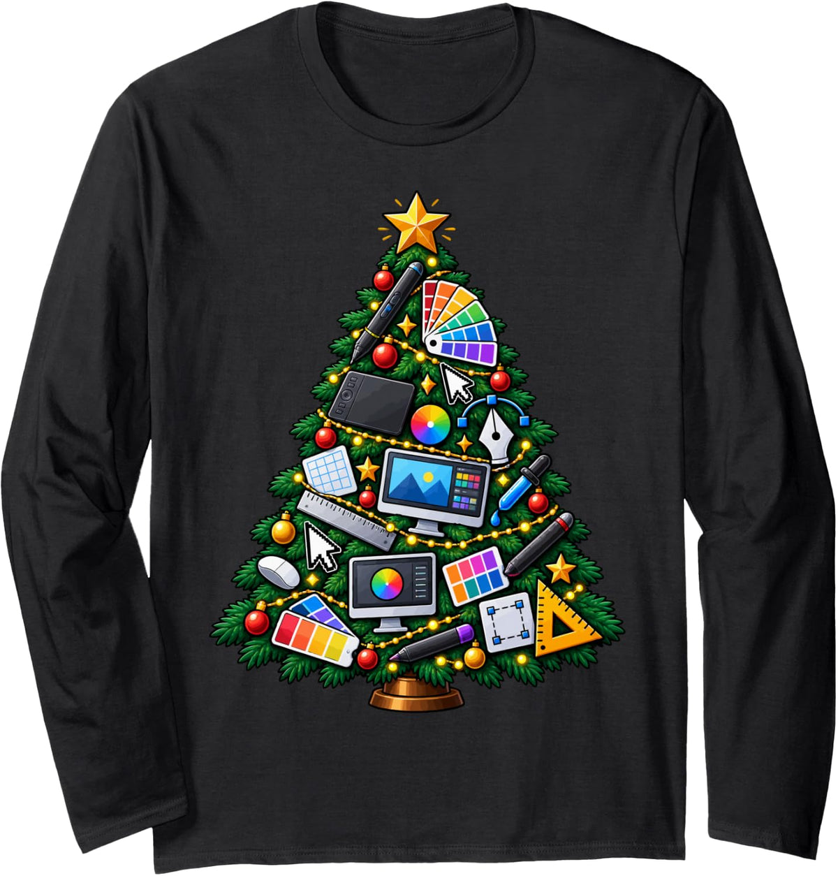 Graphic Designer Christmas Tree Long Sleeve T-Shirt - Adult Unisex Black