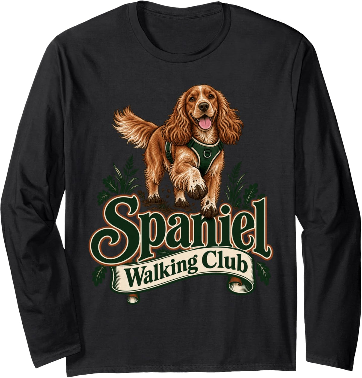 Spaniel Walking Club British Dog Lover Design Long Sleeve T-Shirt - Adult Unisex Black