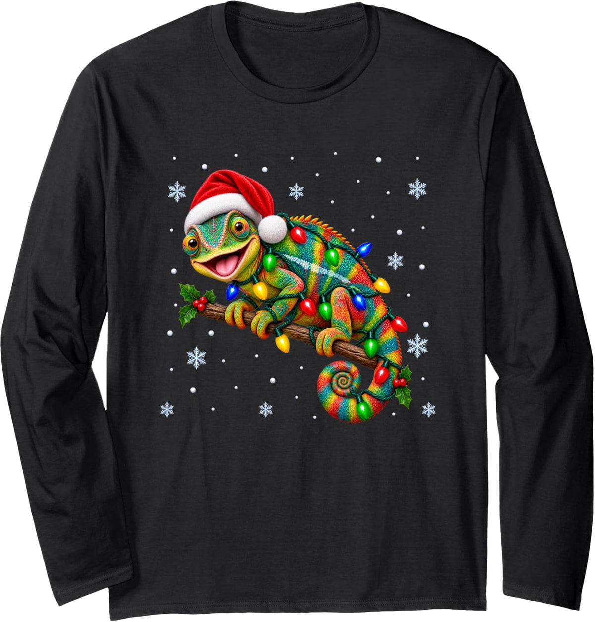 Chameleon Christmas Lights Animal Lover Xmas Long Sleeve T-Shirt - Adult Unisex Black