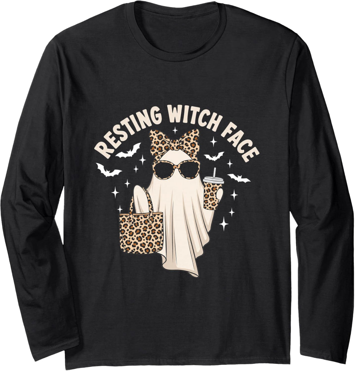 Ghost Halloween Witch Leopard Bow Women Long Sleeve T-Shirt - Adult Unisex Black