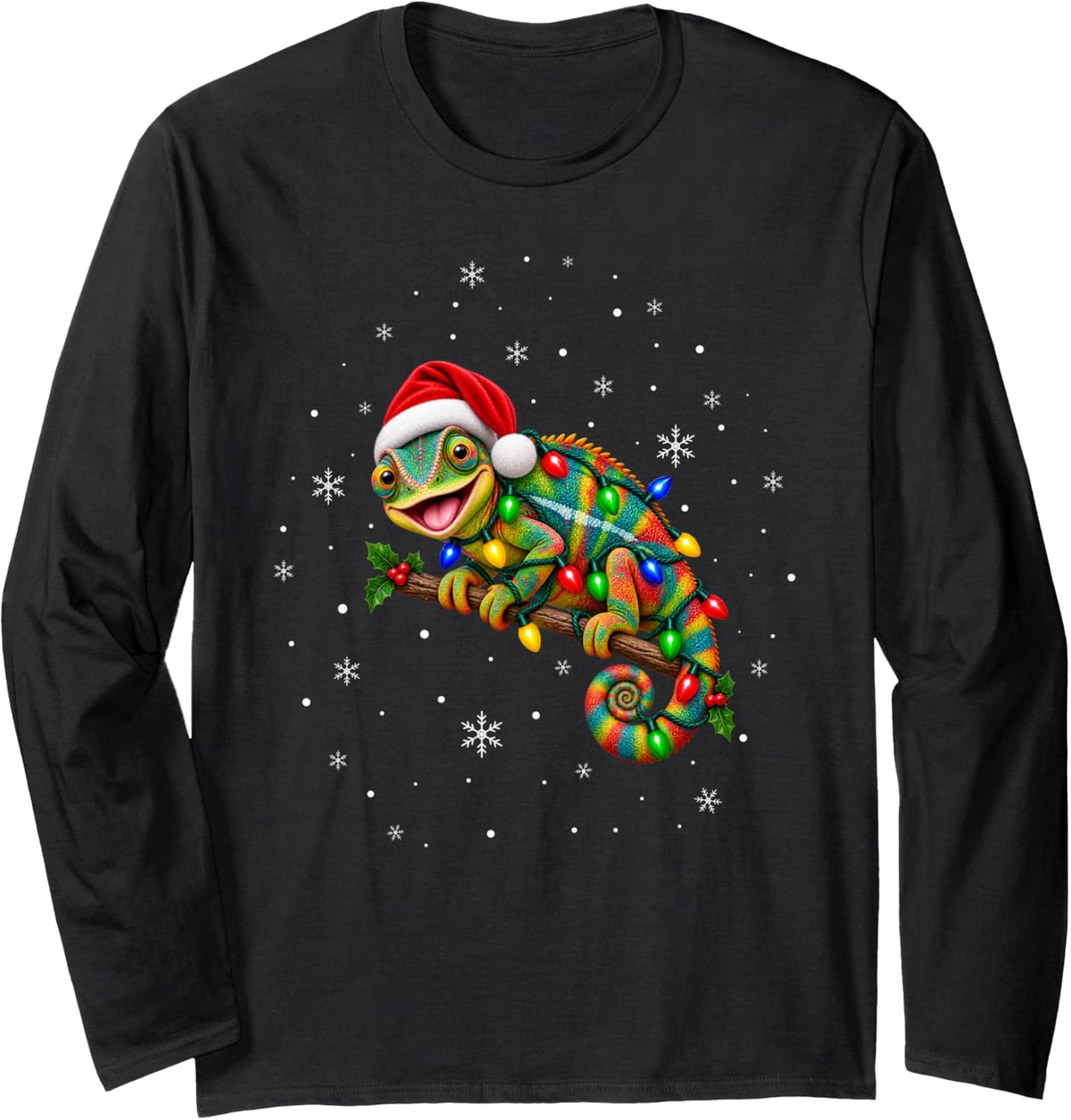 Chameleon Christmas Tree Lights Pajama Santa Xmas Long Sleeve T-Shirt - Adult Unisex Black