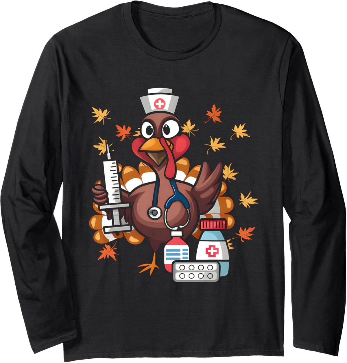 Thanksgiving Nurse Turkey RN ICU ER NICU Nurse Crew Women Long Sleeve T-Shirt - Adult Unisex Black