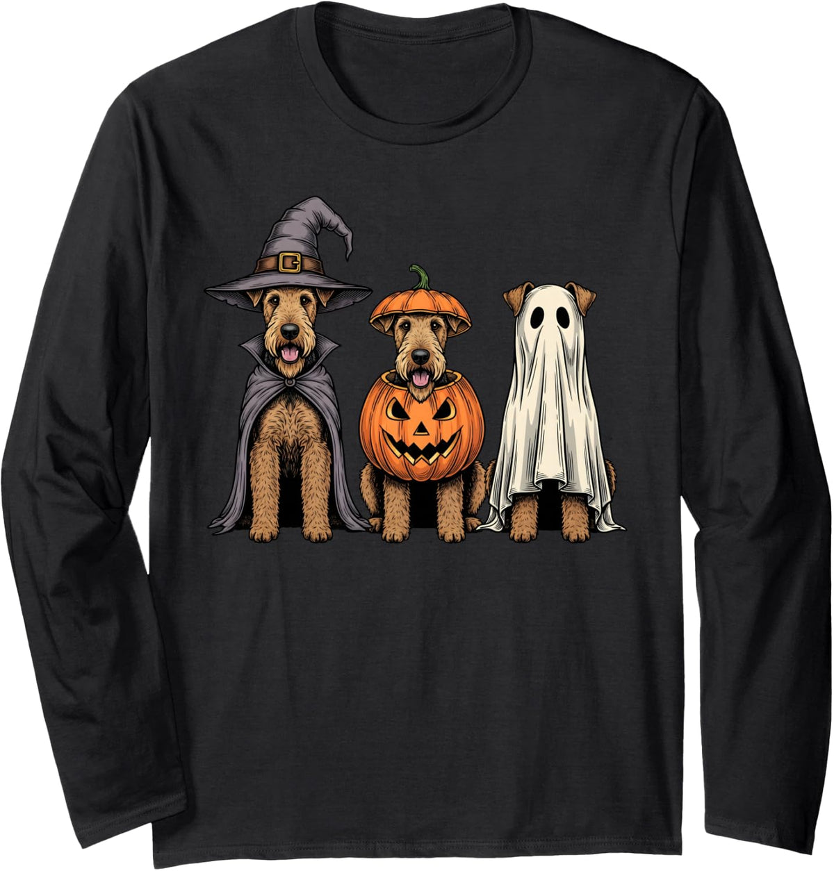 Spooky Ghost Airedale Terrier Pumpkin Halloween Dog Lover Long Sleeve T-Shirt - Adult Unisex Black