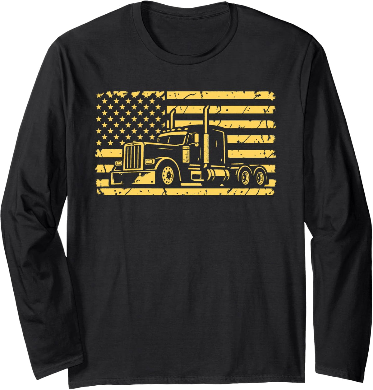 Sepia Tone Semi American Flag Truck Driver Gift USA Trucker Long Sleeve T-Shirt - Adult Unisex Black