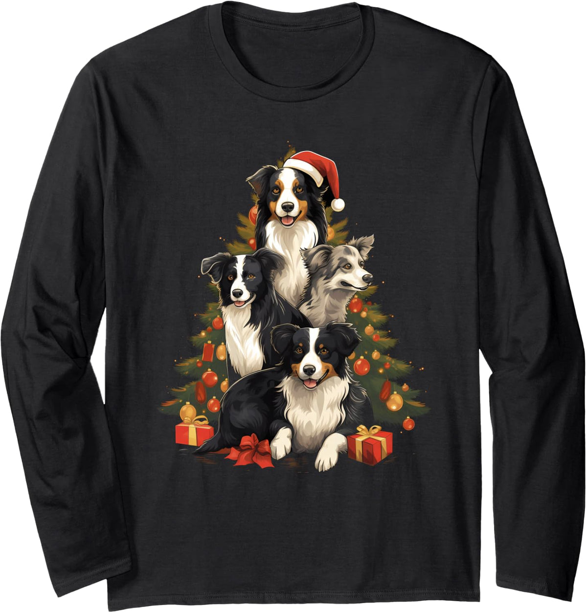 Xmas Border Collie Dog Pile Up Christmas Tree Long Sleeve T-Shirt - Adult Unisex Black