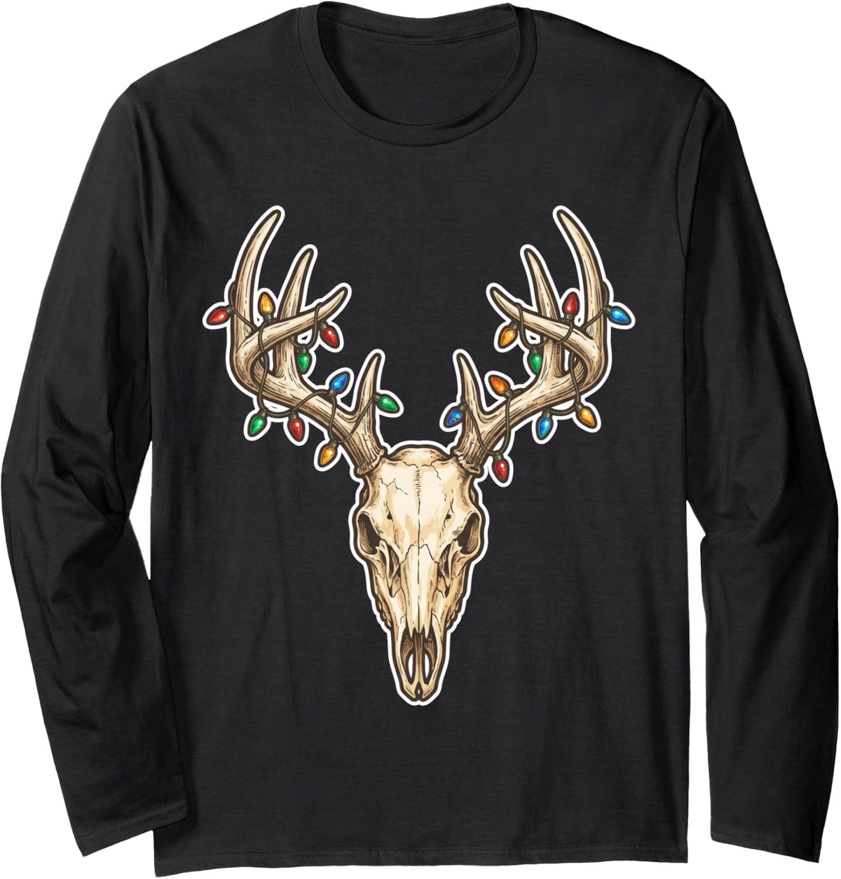 Deer Skull Antlers Christmas Lights Hunter Holiday Art Long Sleeve T-Shirt - Adult Unisex Black
